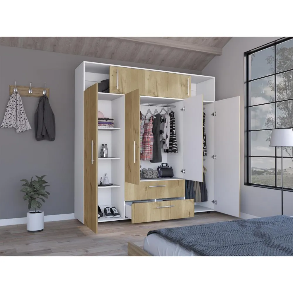 Closet Babel, Café Claro Y Blanco, Con Cuatro Puertas Abatibles Y Cuatro Cajones Multiusos